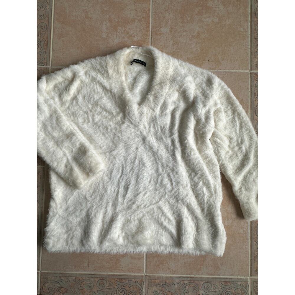 Zara KNIT Fur V-Neck sweater‎ Ivory Women size M